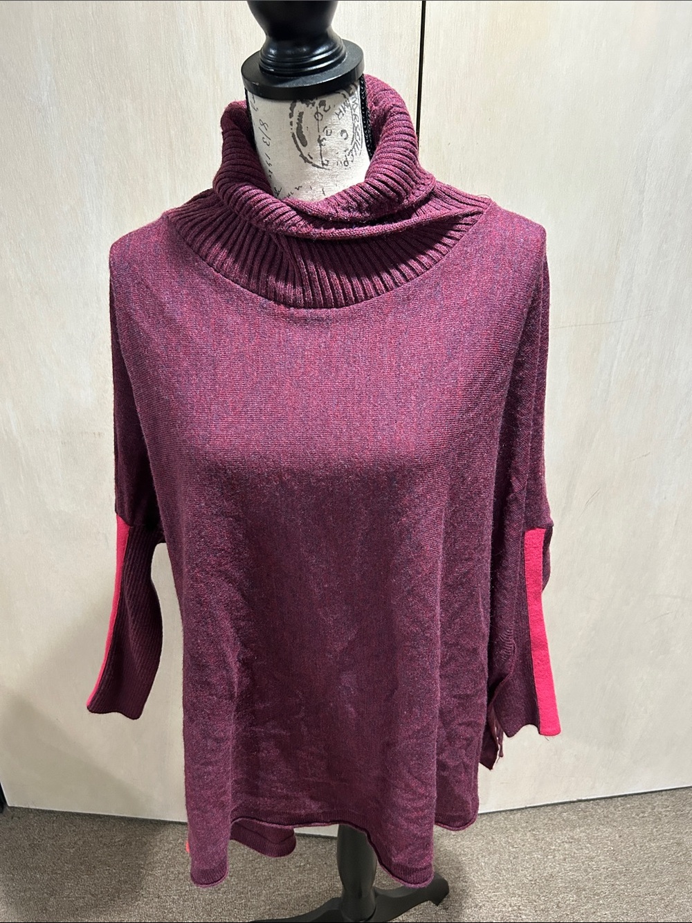 MerSea Burgundy OversizedTurtleneck Sweater w Fuchsia Stripes and Side Splits.